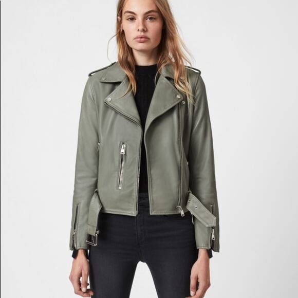 All Saints Green Leather Moto Jacket Size 2 Retails $589 NWT - Picture 1 of 11